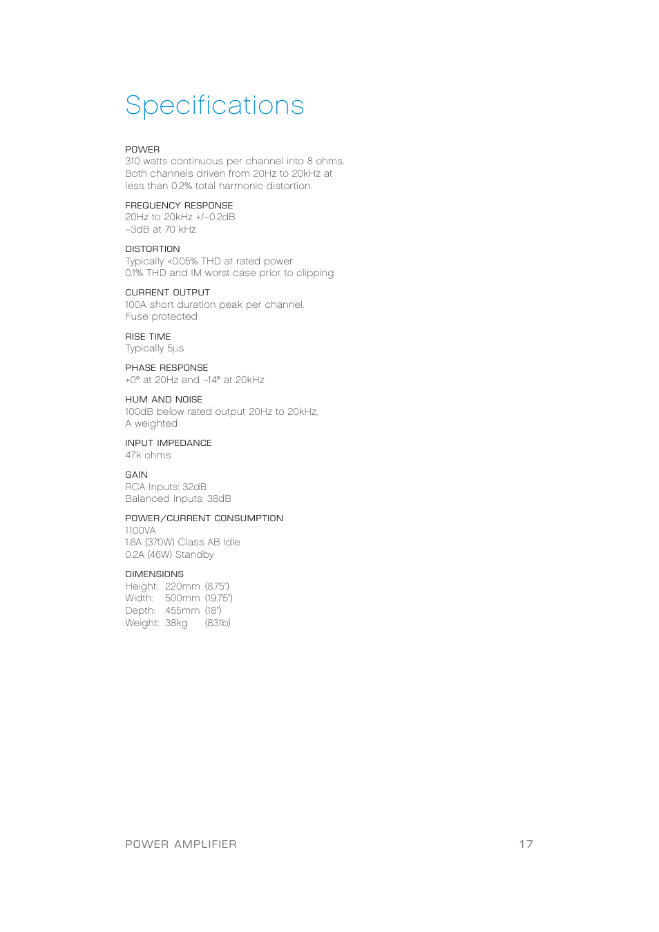 Specifications | Plinius Audio SB-301 User Manual | Page 19 / 20