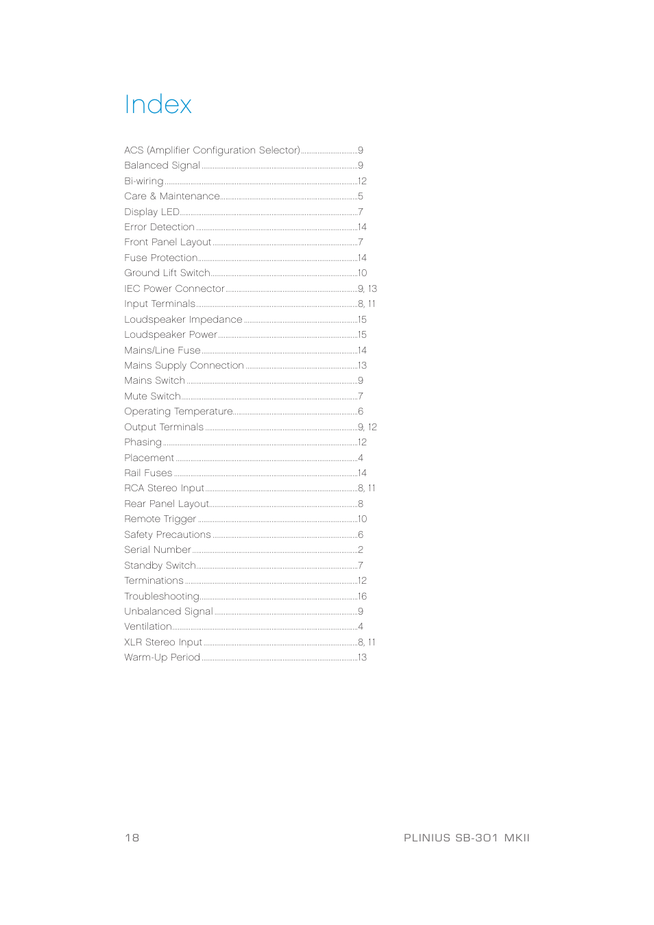 Index | Plinius Audio SB-301 User Manual | Page 20 / 20