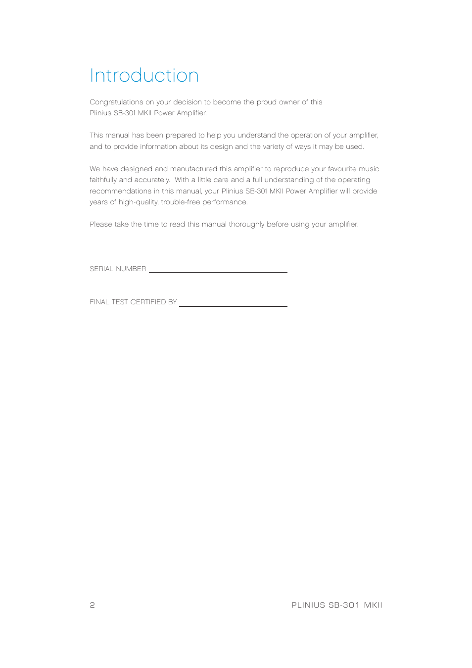 Introduction | Plinius Audio SB-301 User Manual | Page 4 / 20