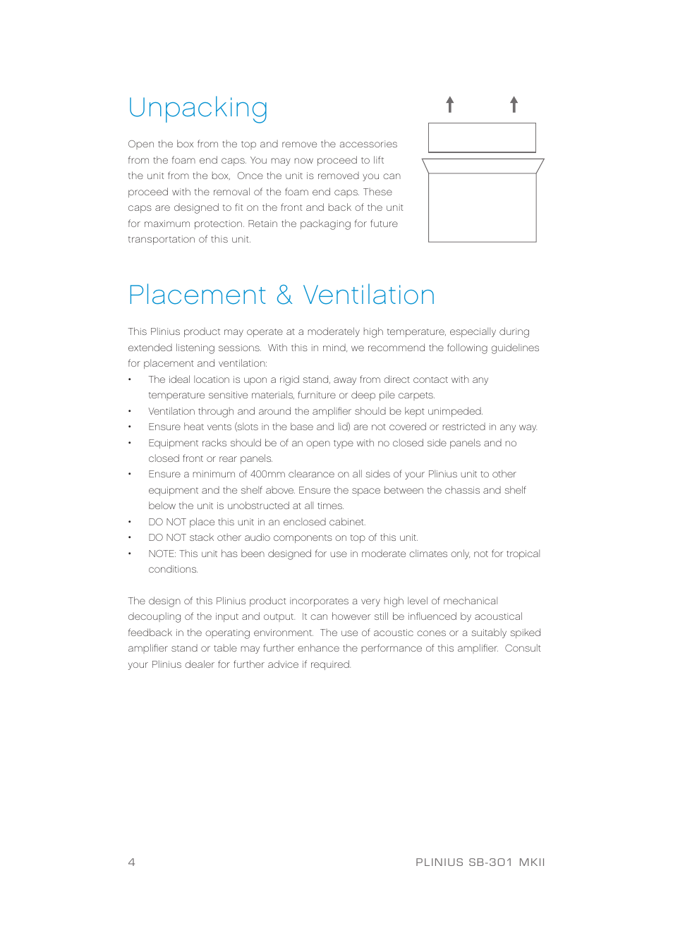 Unpacking, Placement & ventilation | Plinius Audio SB-301 User Manual | Page 6 / 20