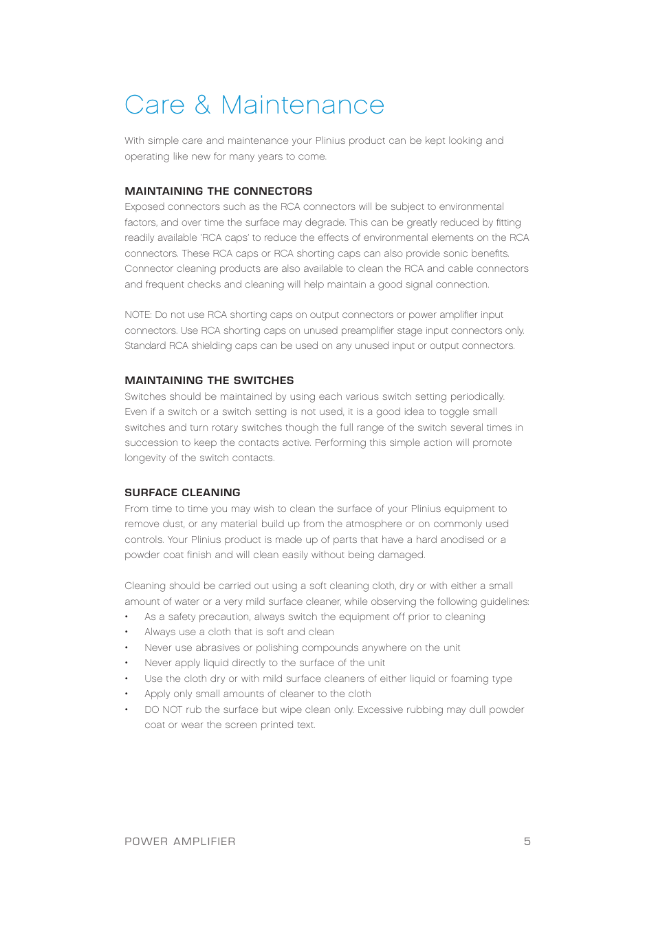 Care & maintenance | Plinius Audio SB-301 User Manual | Page 7 / 20