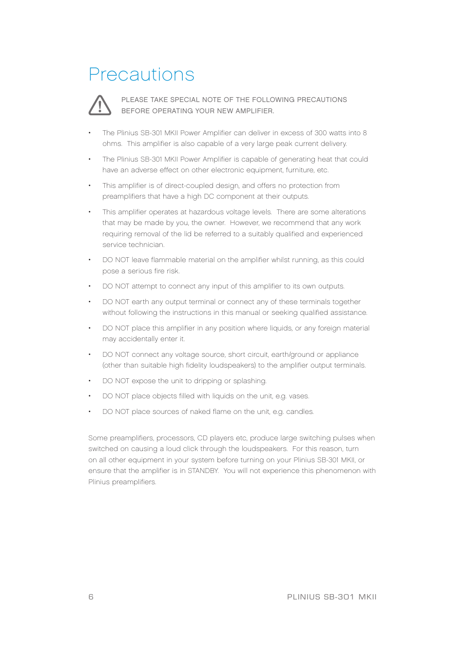 Precautions | Plinius Audio SB-301 User Manual | Page 8 / 20