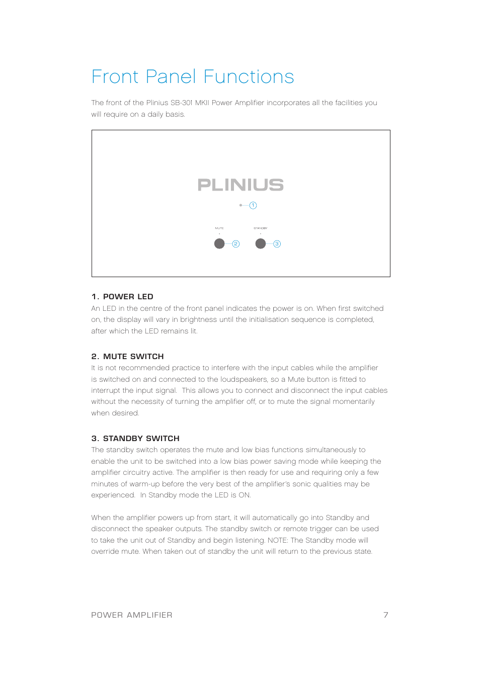 Front panel functions | Plinius Audio SB-301 User Manual | Page 9 / 20