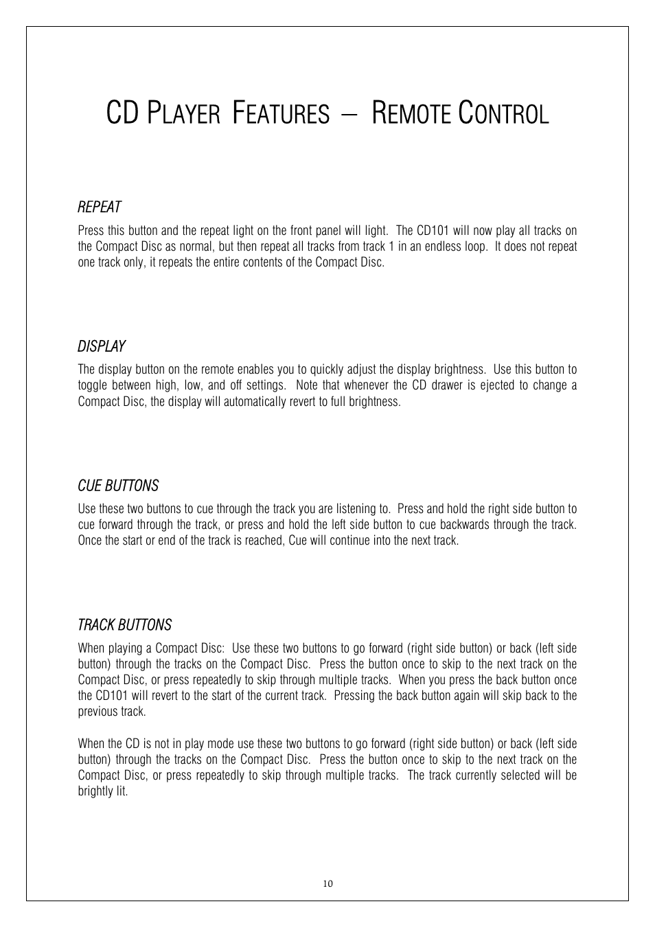 Cd p, Layer, Eatures | Emote, Ontrol | Plinius Audio CD101 User Manual | Page 10 / 17