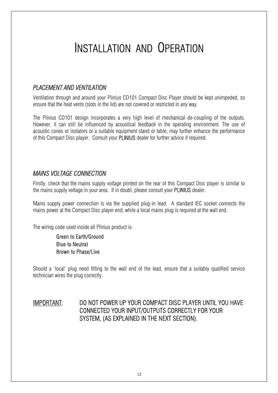 Nstallation and, Peration | Plinius Audio CD101 User Manual | Page 12 / 17