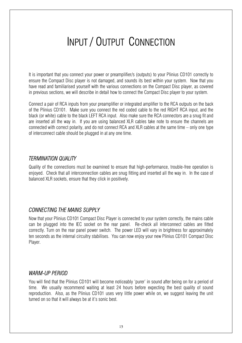 Nput, Utput, Onnection | Plinius Audio CD101 User Manual | Page 13 / 17