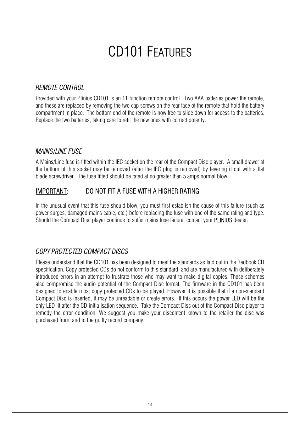 Cd101 f, Eatures | Plinius Audio CD101 User Manual | Page 14 / 17