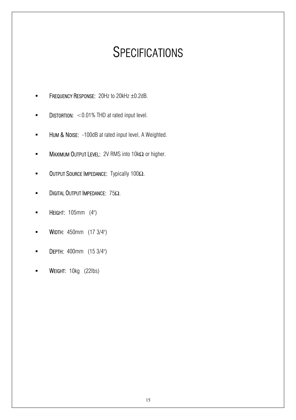 Pecifications | Plinius Audio CD101 User Manual | Page 15 / 17