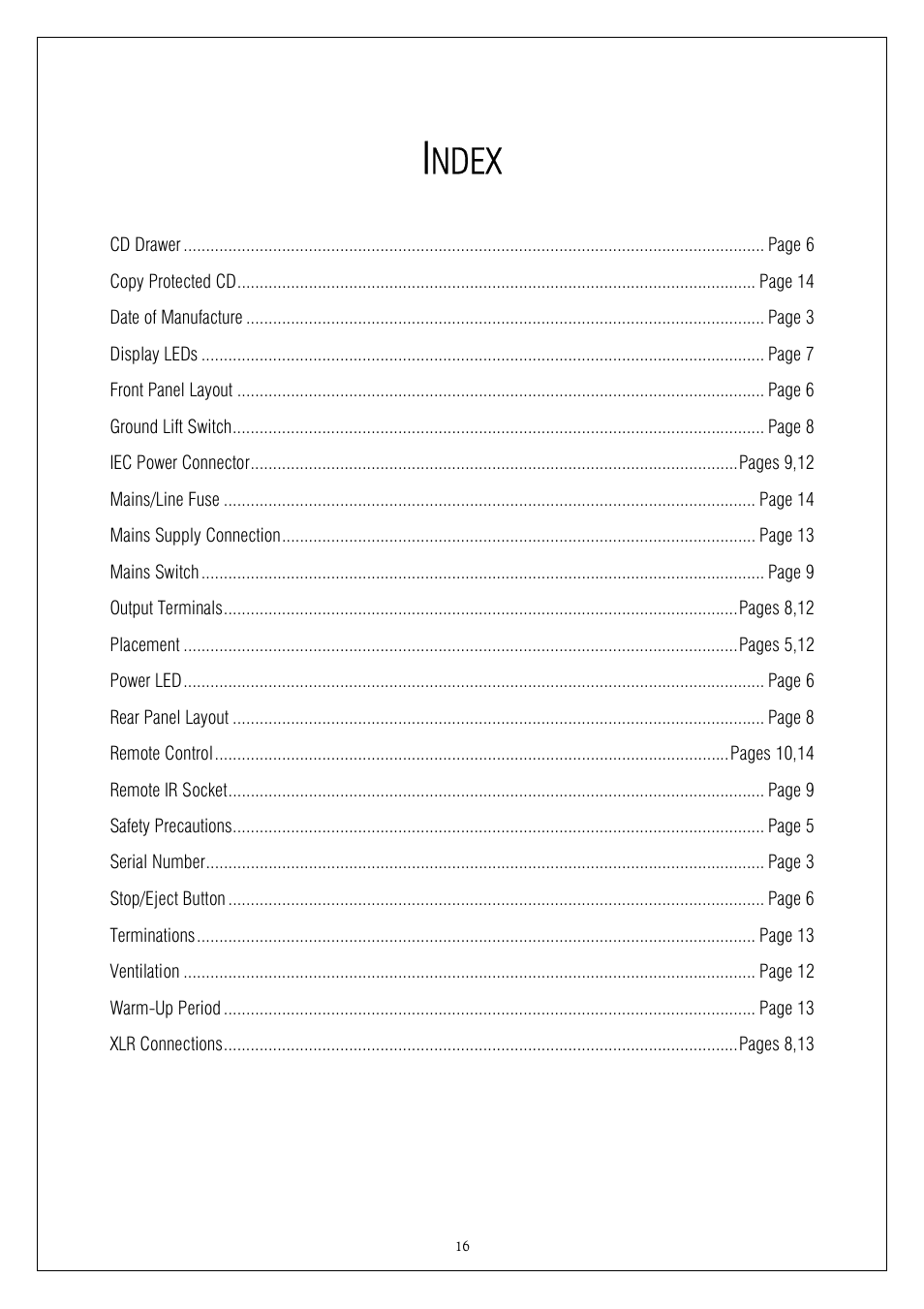 Ndex | Plinius Audio CD101 User Manual | Page 16 / 17