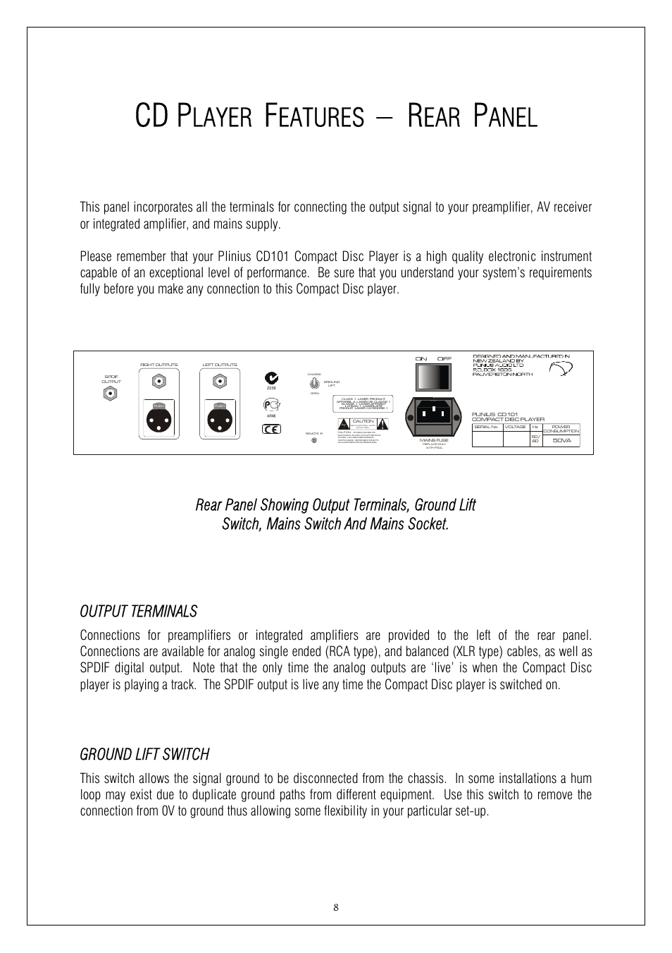 Cd p, Layer, Eatures | Anel, Output terminals, Ground lift switch | Plinius Audio CD101 User Manual | Page 8 / 17