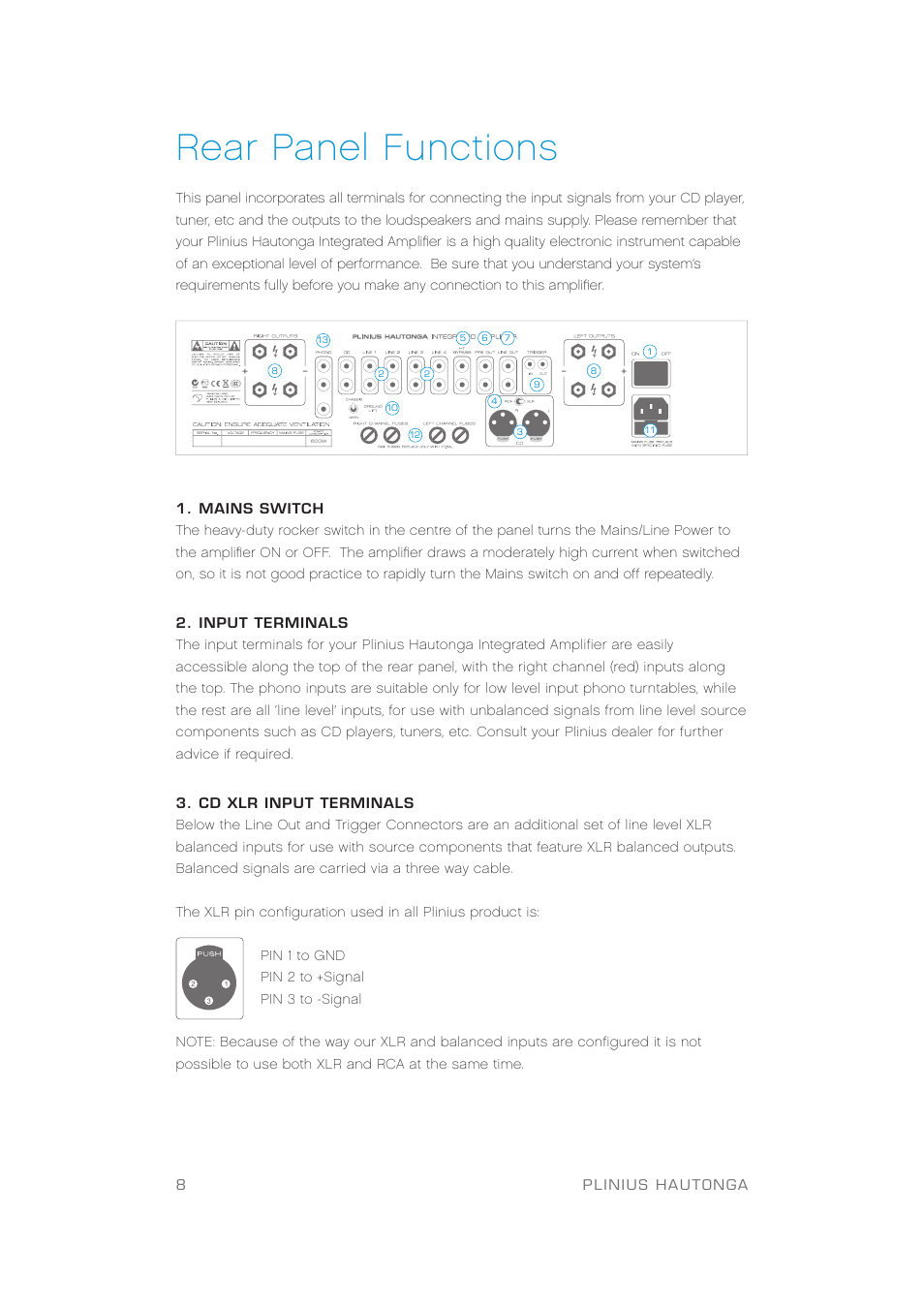 Rear panel functions | Plinius Audio Hautonga Intergrated Amplifier User Manual | Page 10 / 24