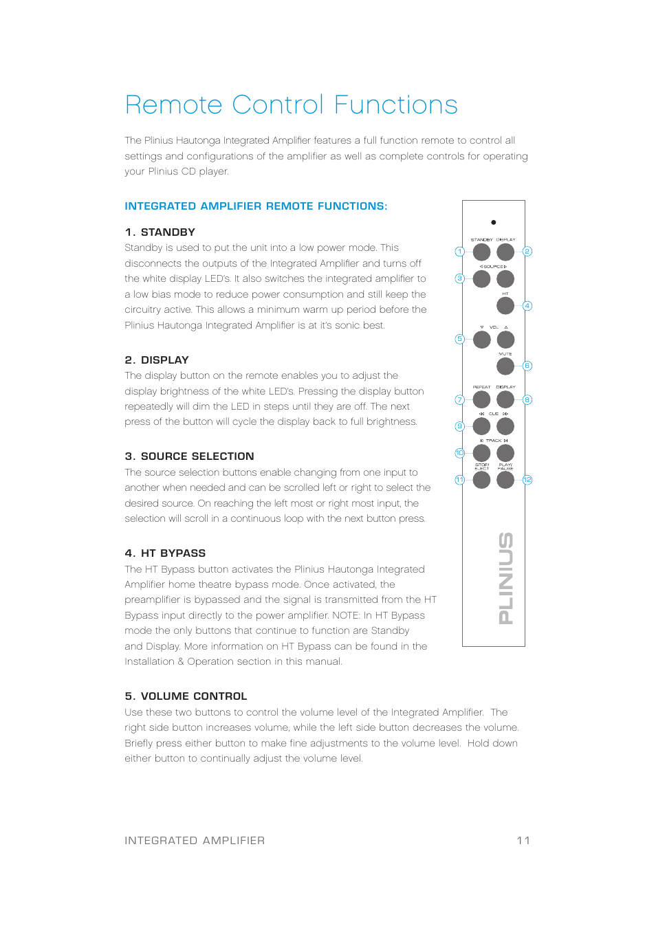 Remote control functions | Plinius Audio Hautonga Intergrated Amplifier User Manual | Page 13 / 24