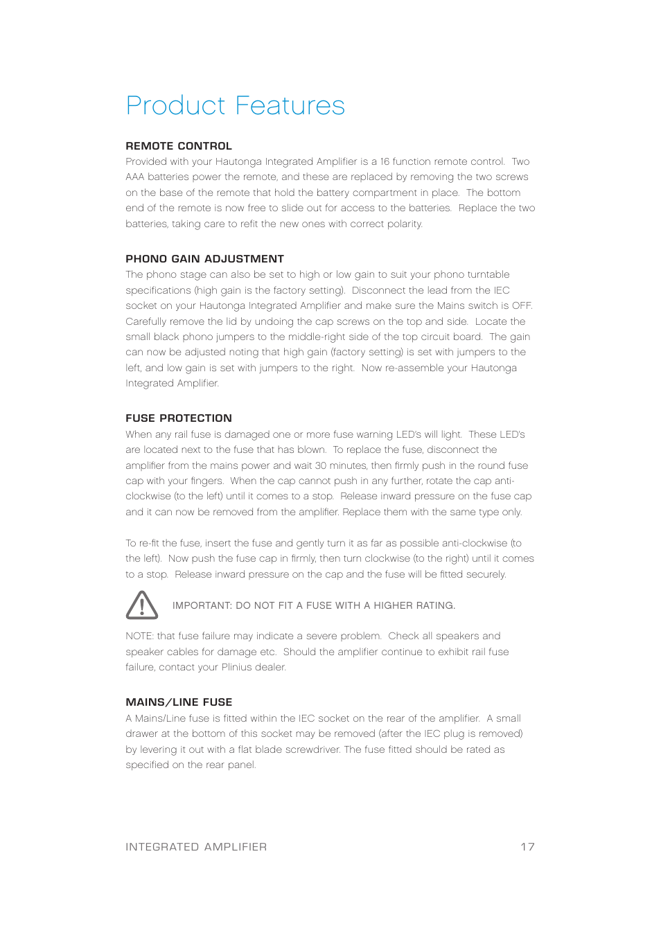 Product features | Plinius Audio Hautonga Intergrated Amplifier User Manual | Page 19 / 24