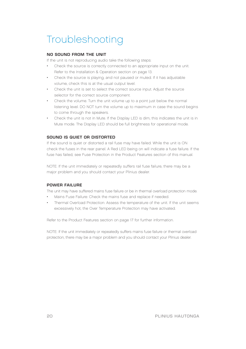 Troubleshooting | Plinius Audio Hautonga Intergrated Amplifier User Manual | Page 22 / 24