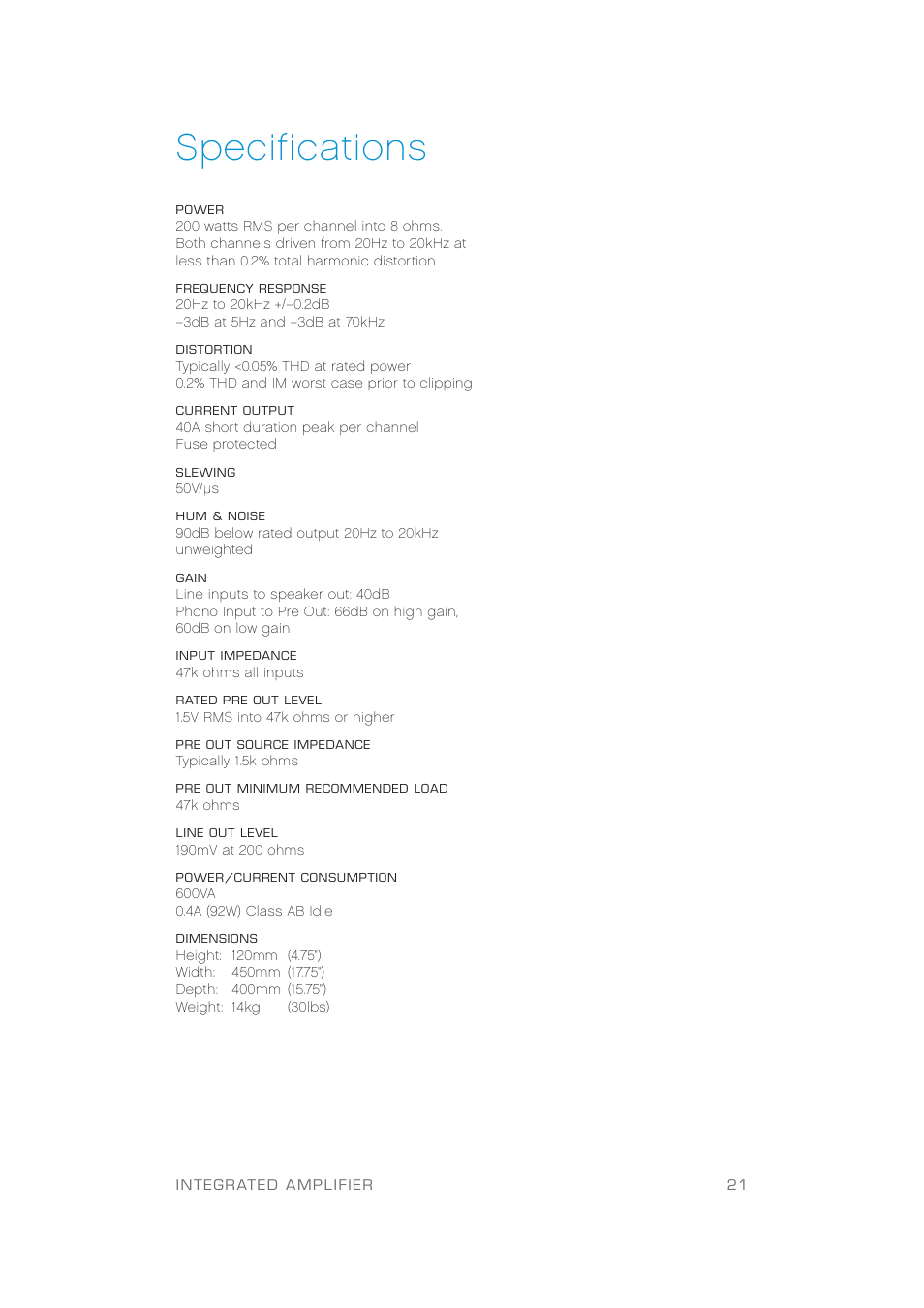 Specifications | Plinius Audio Hautonga Intergrated Amplifier User Manual | Page 23 / 24