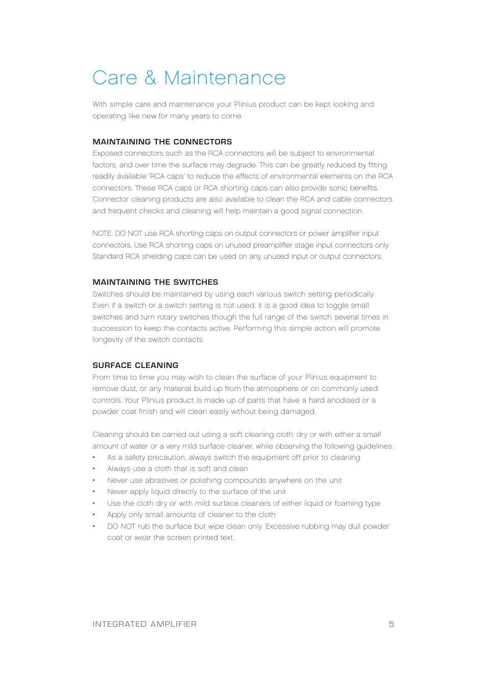 Care & maintenance | Plinius Audio Hautonga Intergrated Amplifier User Manual | Page 7 / 24