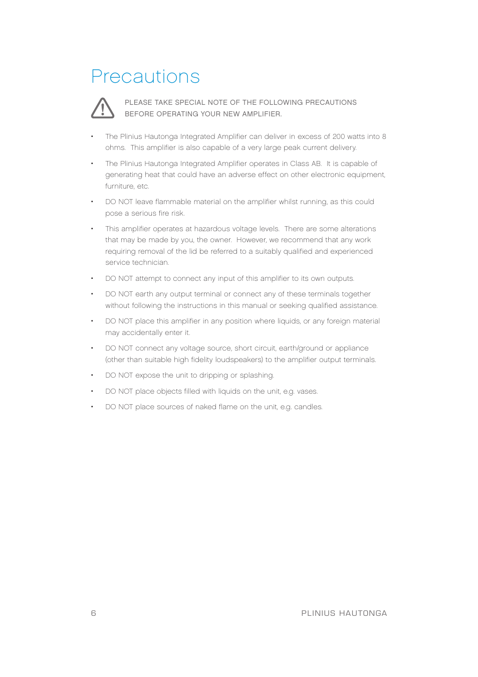 Precautions | Plinius Audio Hautonga Intergrated Amplifier User Manual | Page 8 / 24