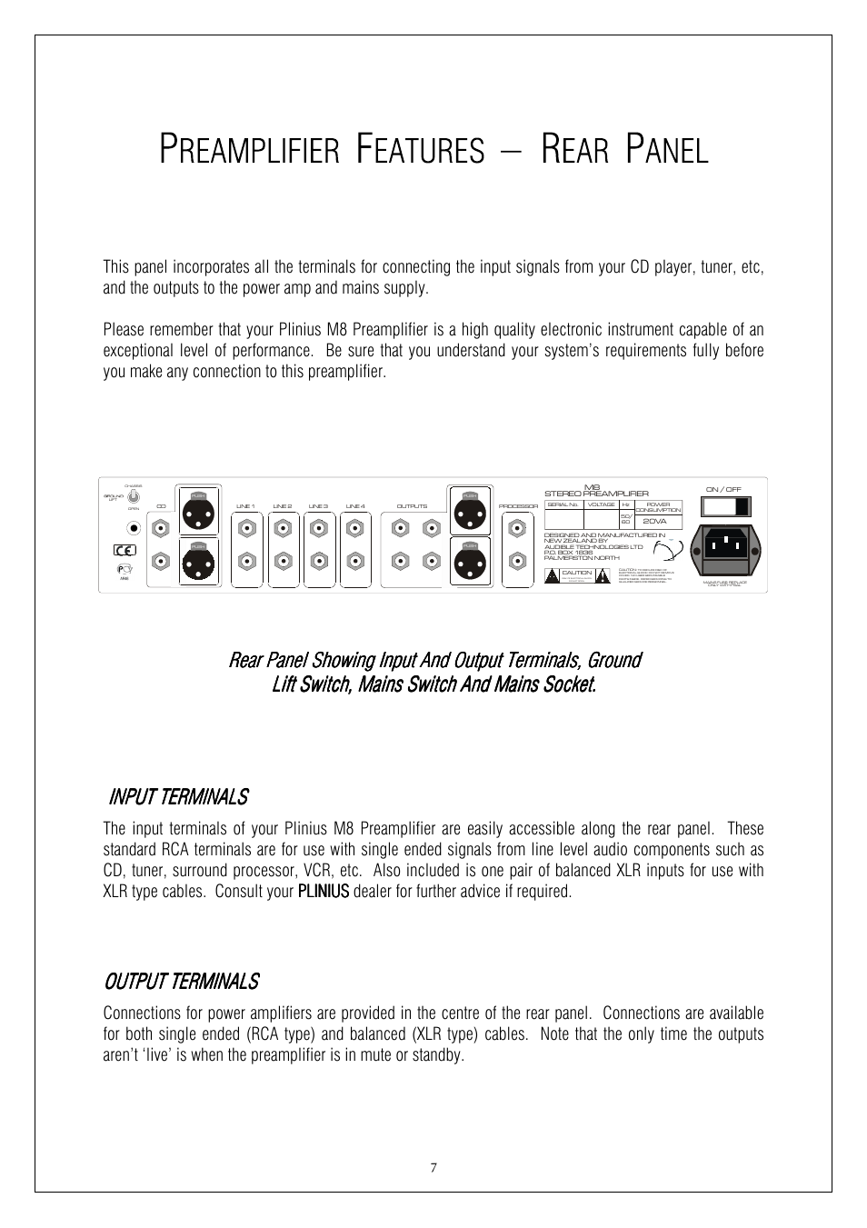 Rear panel showing in, Output termin, Output termin output terminals als als als | Plinius Audio M8 User Manual | Page 7 / 20