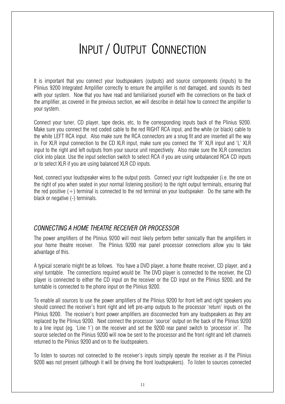 Nput, Utput, Onnection | Plinius Audio 9200 User Manual | Page 11 / 19
