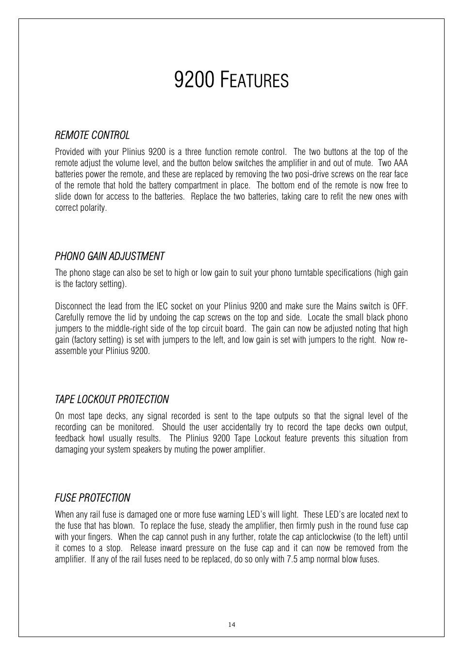 9200 f, Eatures | Plinius Audio 9200 User Manual | Page 14 / 19