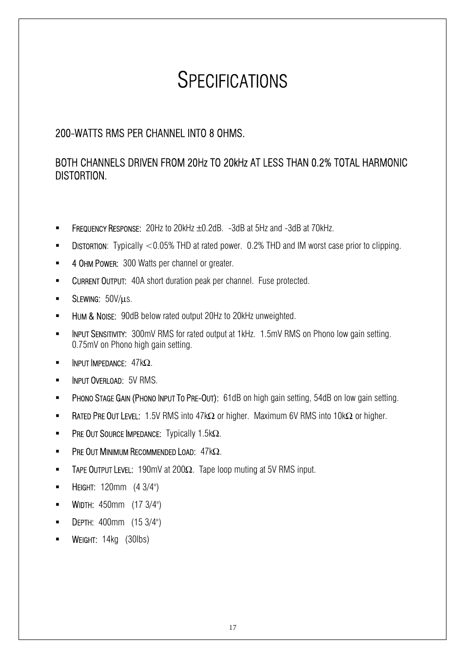 Pecifications | Plinius Audio 9200 User Manual | Page 17 / 19
