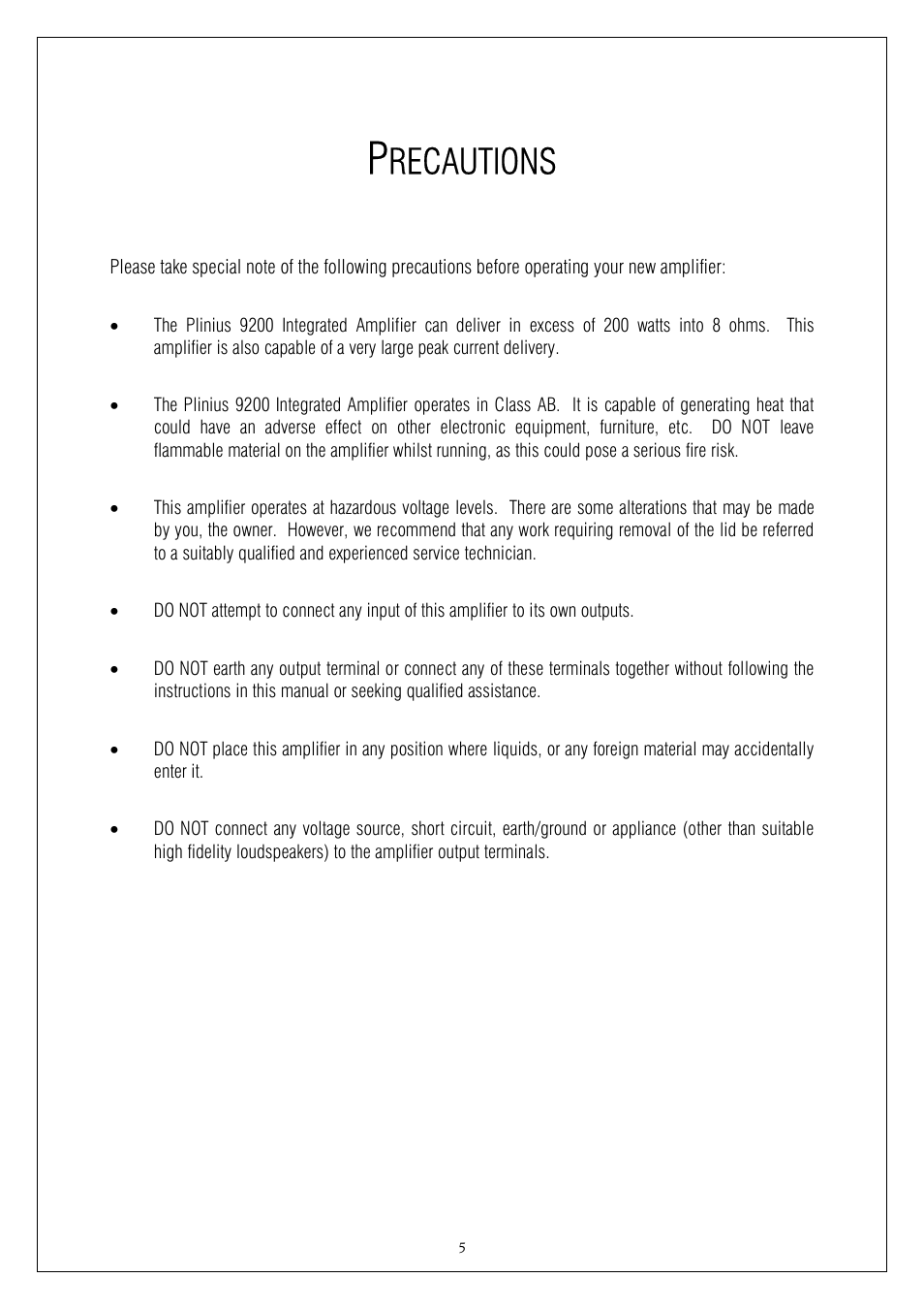 Recautions | Plinius Audio 9200 User Manual | Page 5 / 19