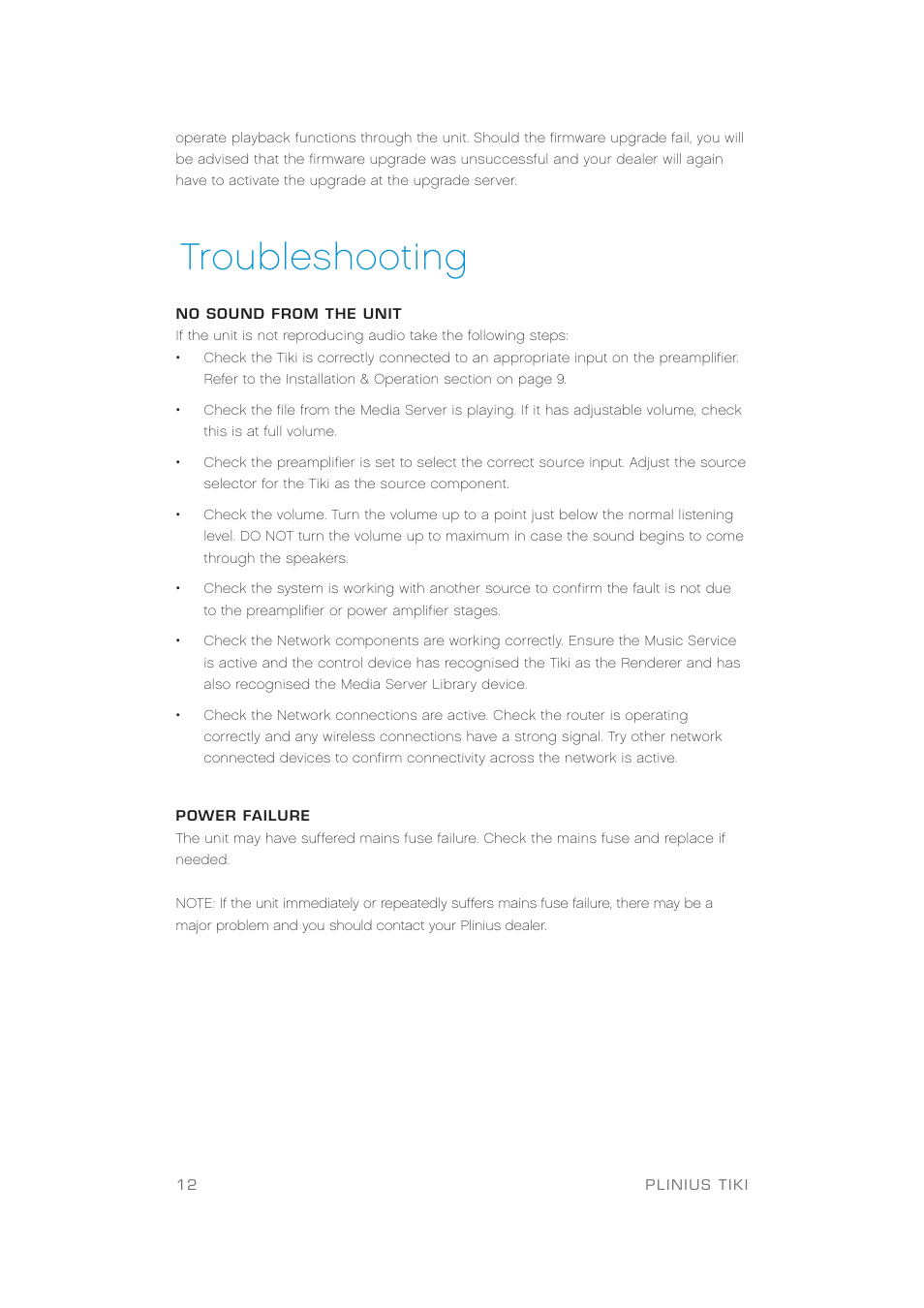 Troubleshooting | Plinius Audio TIKI Network Audio Player User Manual | Page 14 / 18