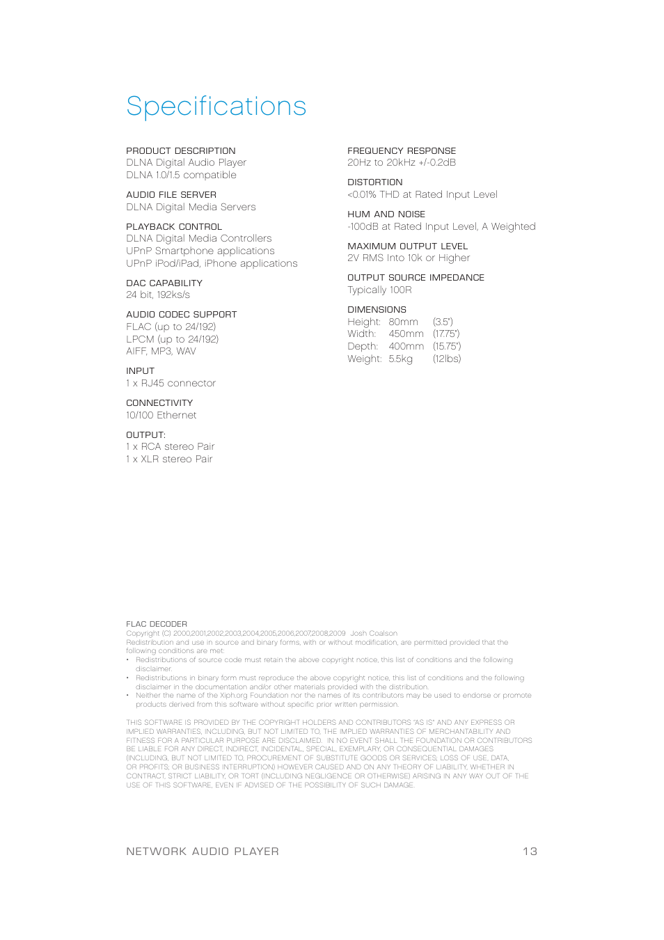 Specifications | Plinius Audio TIKI Network Audio Player User Manual | Page 15 / 18
