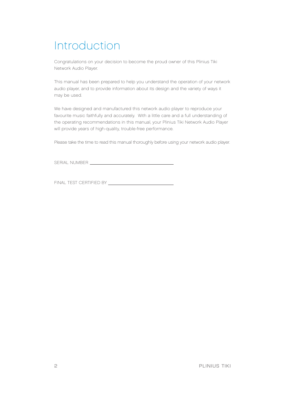 Introduction | Plinius Audio TIKI Network Audio Player User Manual | Page 4 / 18