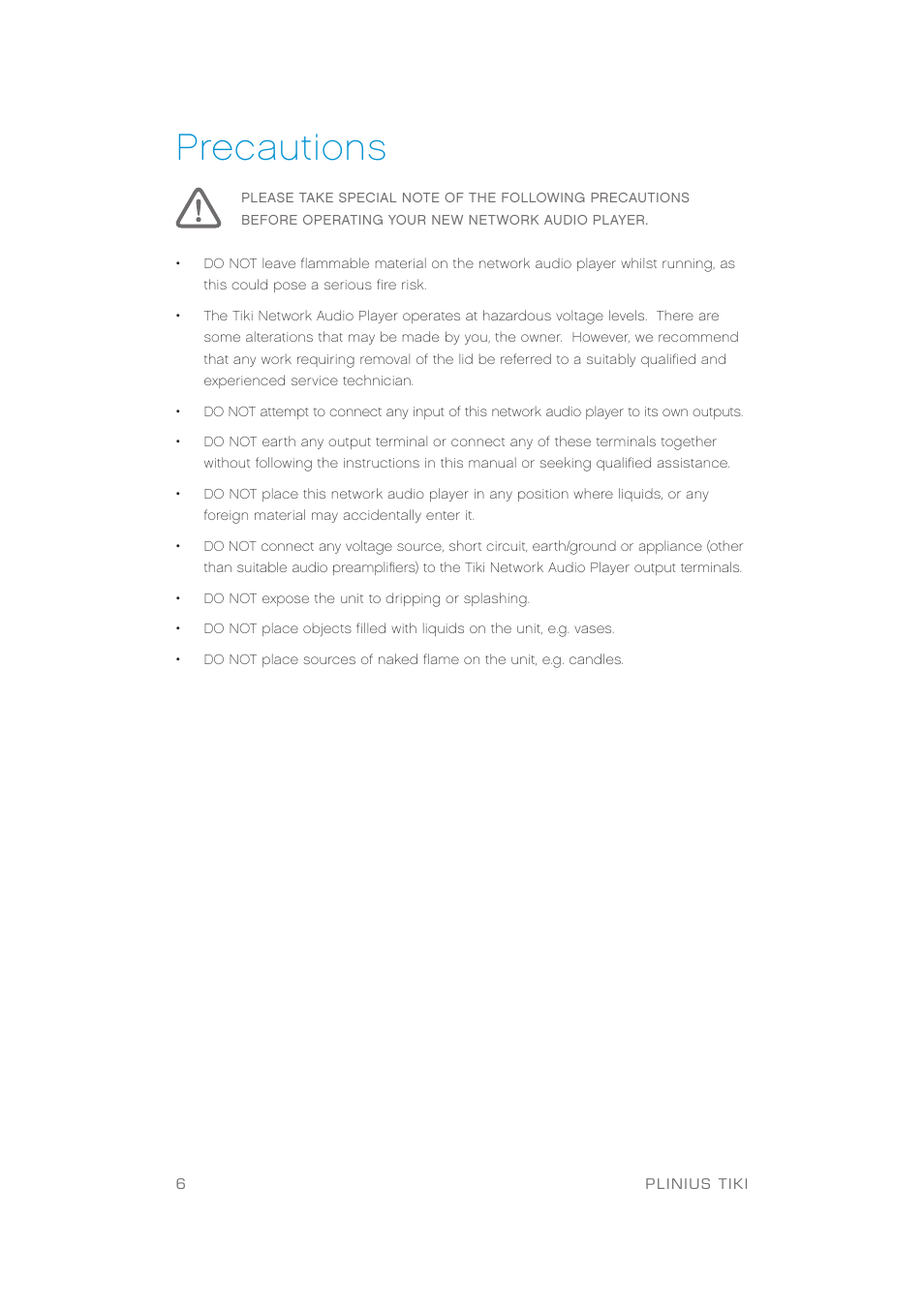 Precautions | Plinius Audio TIKI Network Audio Player User Manual | Page 8 / 18