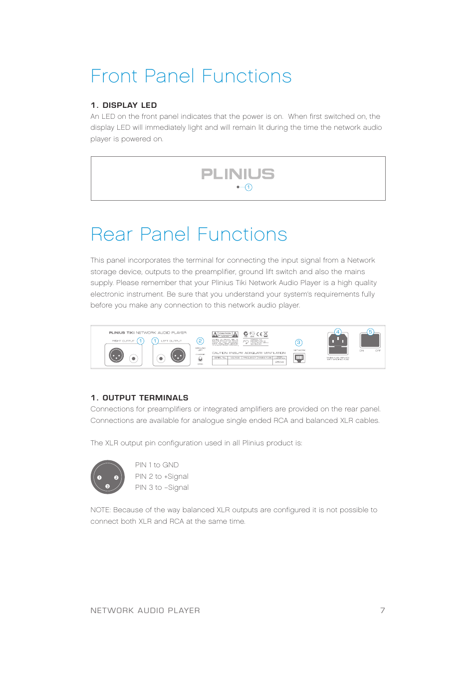 Front panel functions, Rear panel functions | Plinius Audio TIKI Network Audio Player User Manual | Page 9 / 18