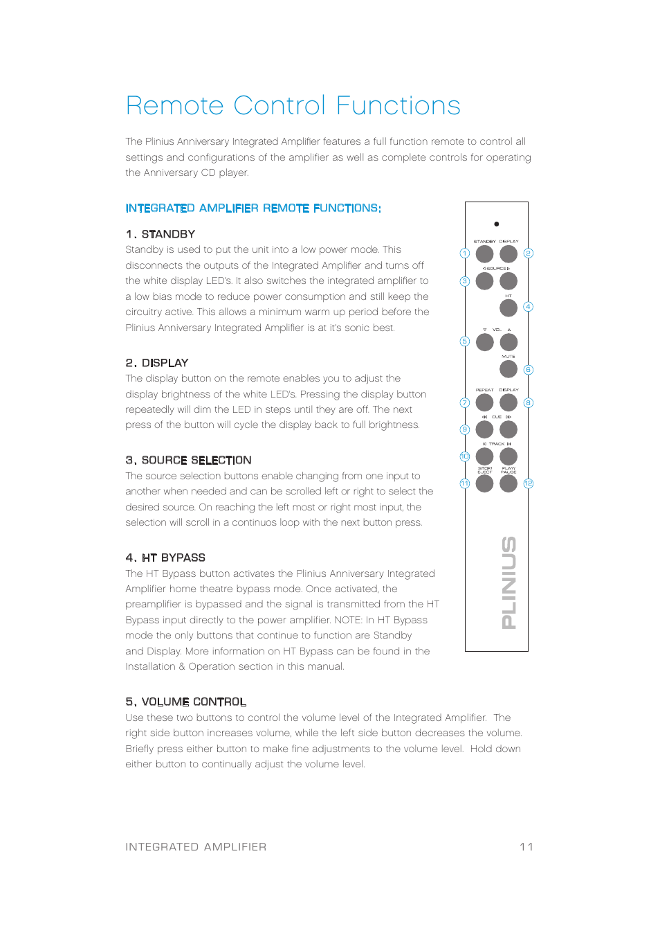 Remote control functions | Plinius Audio Anniversary Integrated Amplifier User Manual | Page 12 / 23