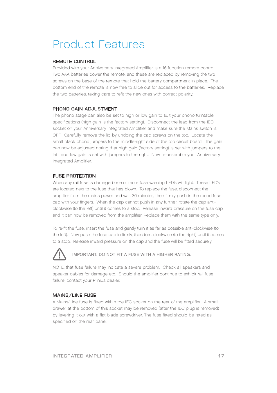 Product features | Plinius Audio Anniversary Integrated Amplifier User Manual | Page 18 / 23