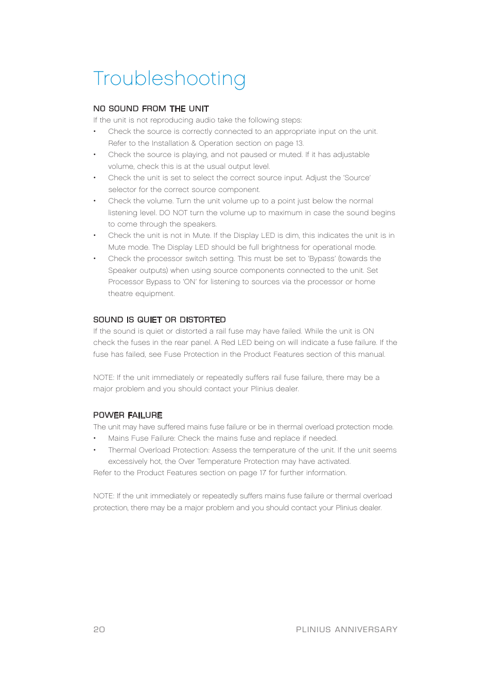 Troubleshooting | Plinius Audio Anniversary Integrated Amplifier User Manual | Page 21 / 23