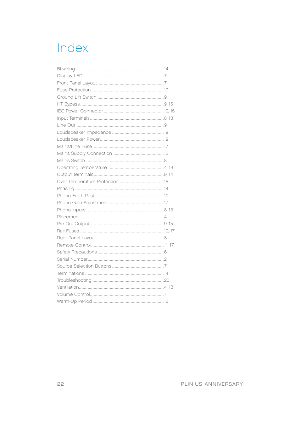 Index | Plinius Audio Anniversary Integrated Amplifier User Manual | Page 23 / 23