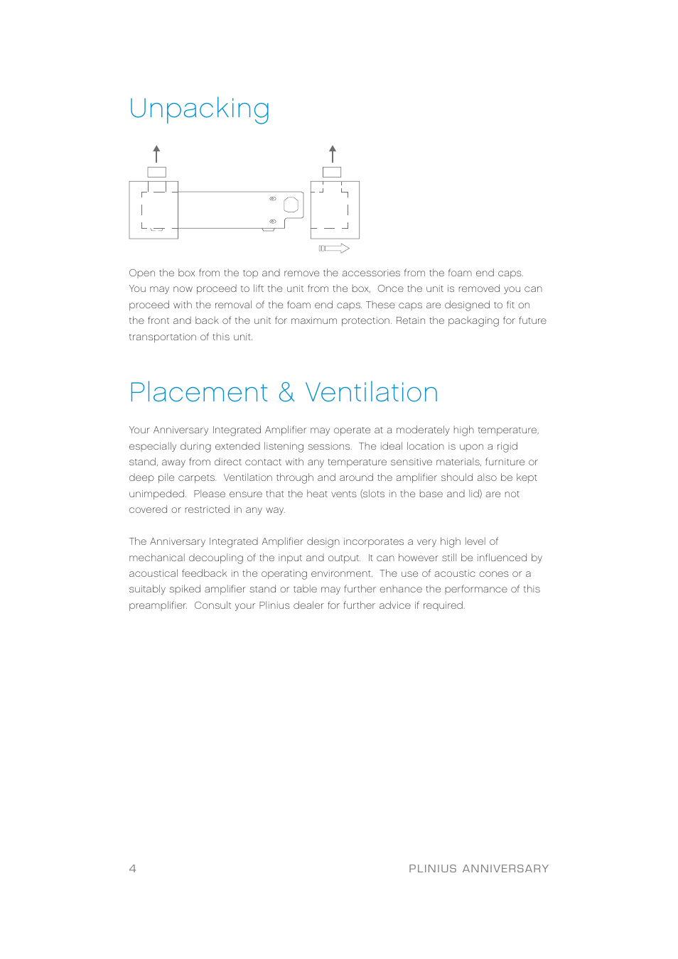 Unpacking, Placement & ventilation | Plinius Audio Anniversary Integrated Amplifier User Manual | Page 5 / 23