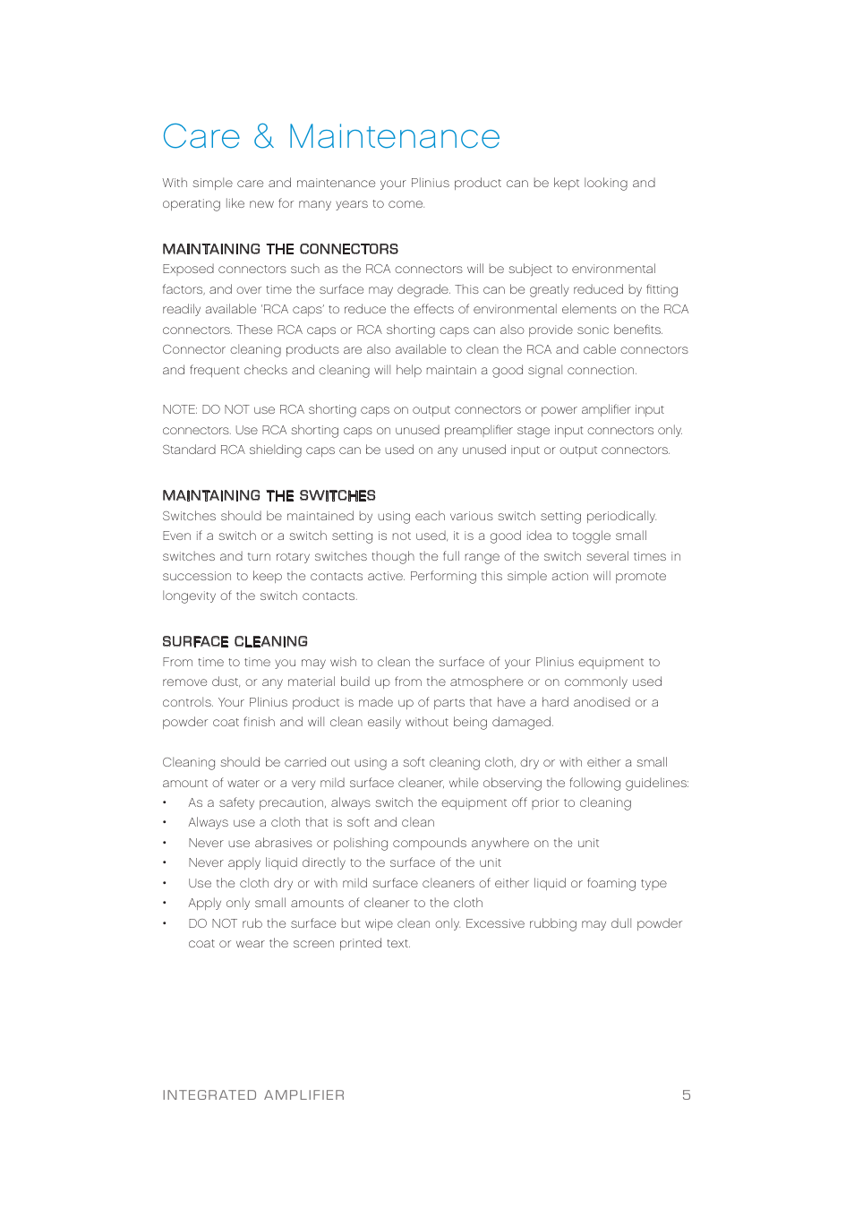 Care & maintenance | Plinius Audio Anniversary Integrated Amplifier User Manual | Page 6 / 23