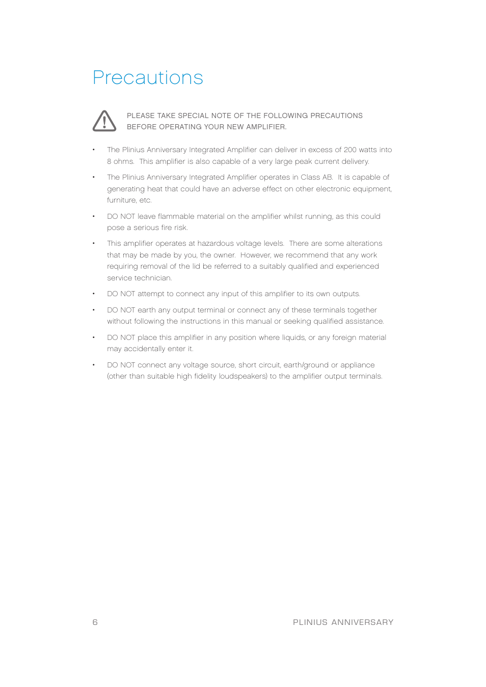 Precautions | Plinius Audio Anniversary Integrated Amplifier User Manual | Page 7 / 23