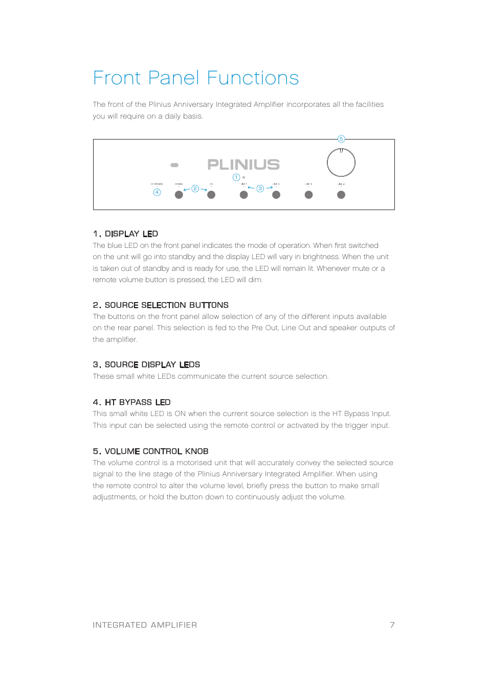 Front panel functions | Plinius Audio Anniversary Integrated Amplifier User Manual | Page 8 / 23