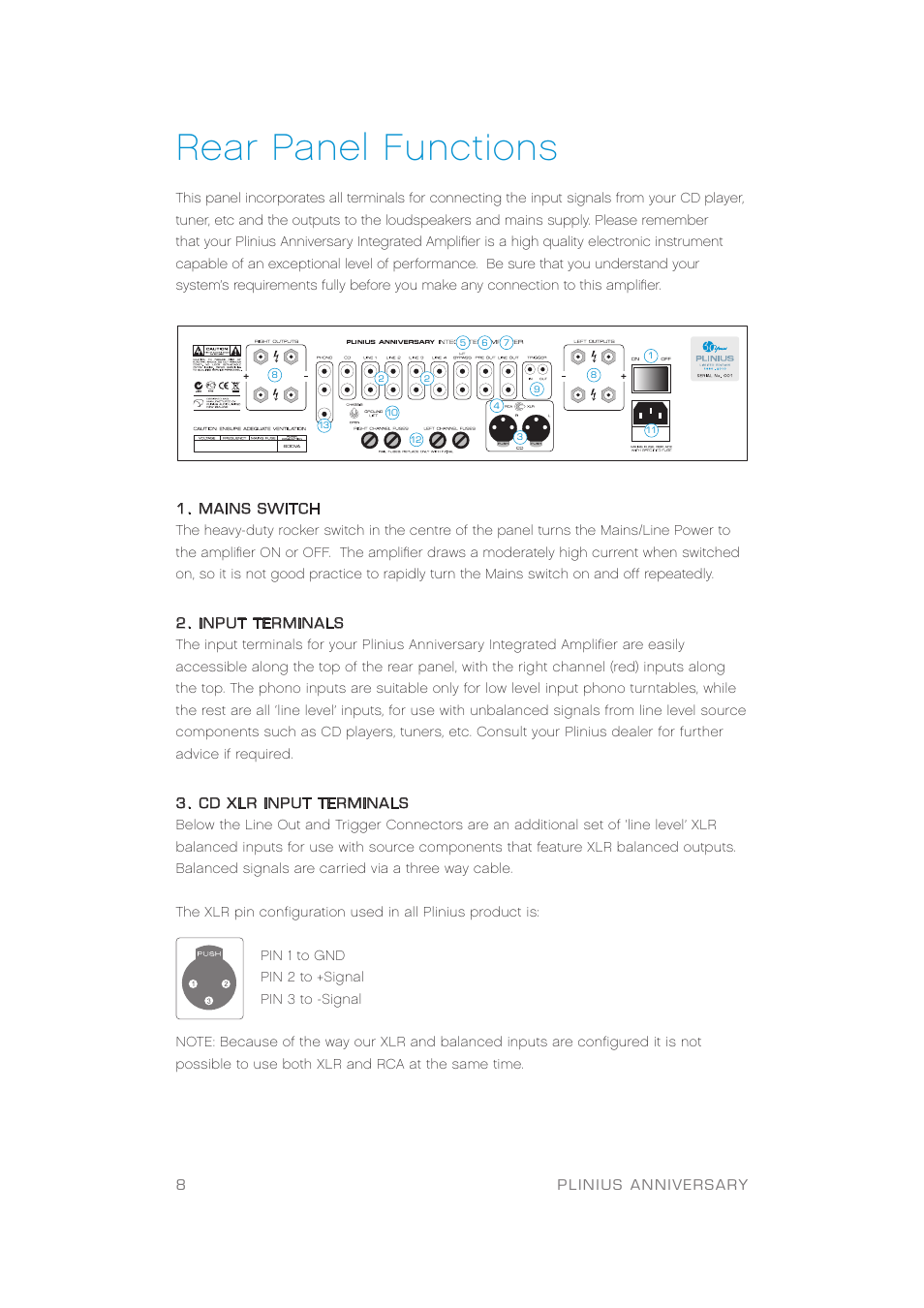 Rear panel functions | Plinius Audio Anniversary Integrated Amplifier User Manual | Page 9 / 23