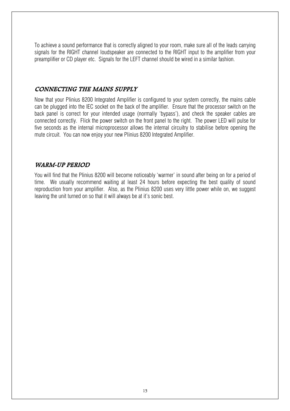 Connecting the mains supply, Warm-up period | Plinius Audio 8200 MkII User Manual | Page 13 / 19