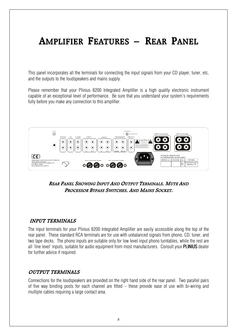 Input terminals, Output terminals, Anel | Howing, Nput, Utput, Erminals, Rocessor, Ypass, Witches | Plinius Audio 8200 MkII User Manual | Page 8 / 19