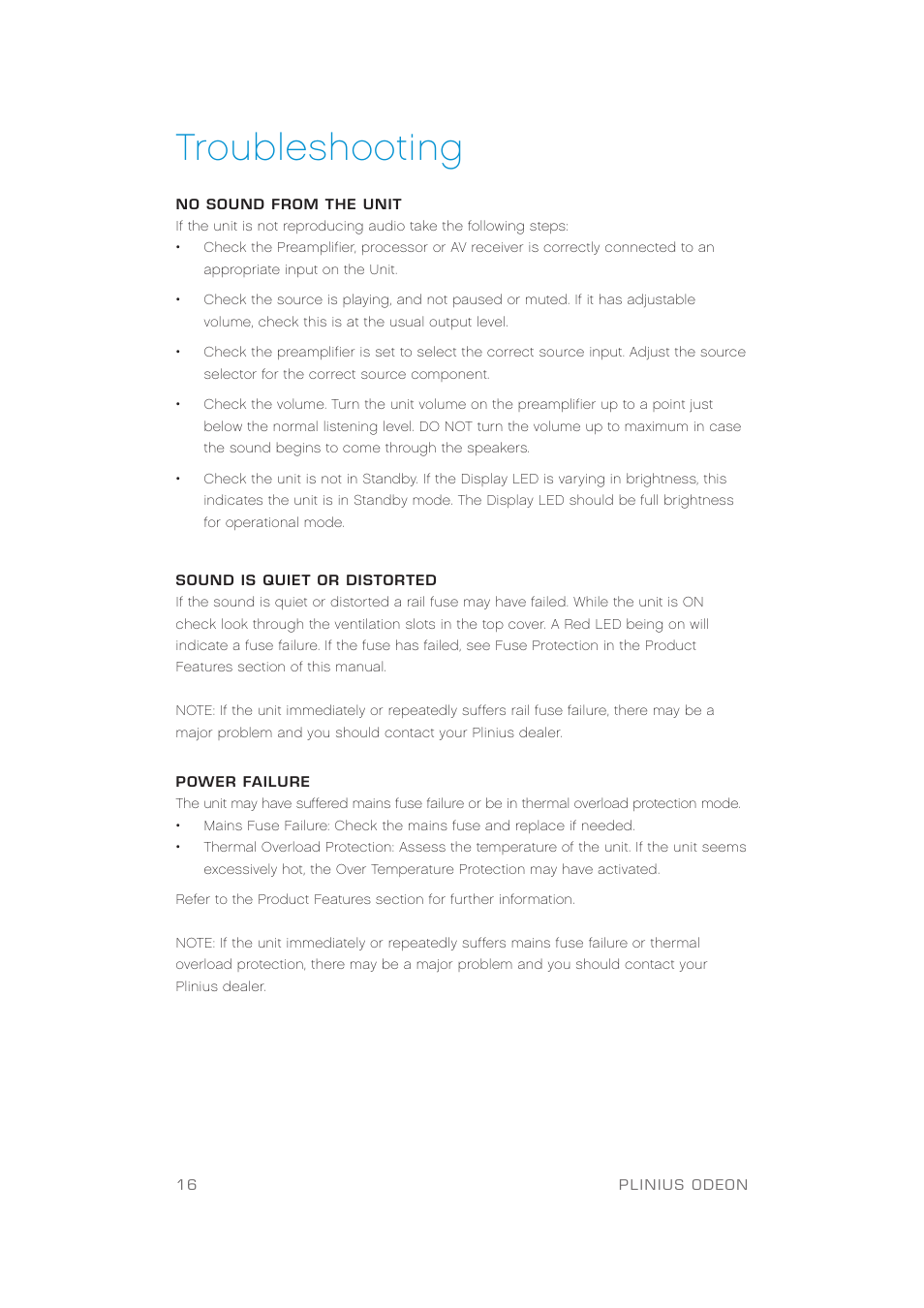 Troubleshooting | Plinius Audio Odeon Power Amplifier User Manual | Page 18 / 20