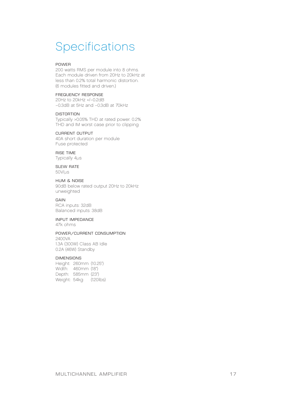 Specifications | Plinius Audio Odeon Power Amplifier User Manual | Page 19 / 20