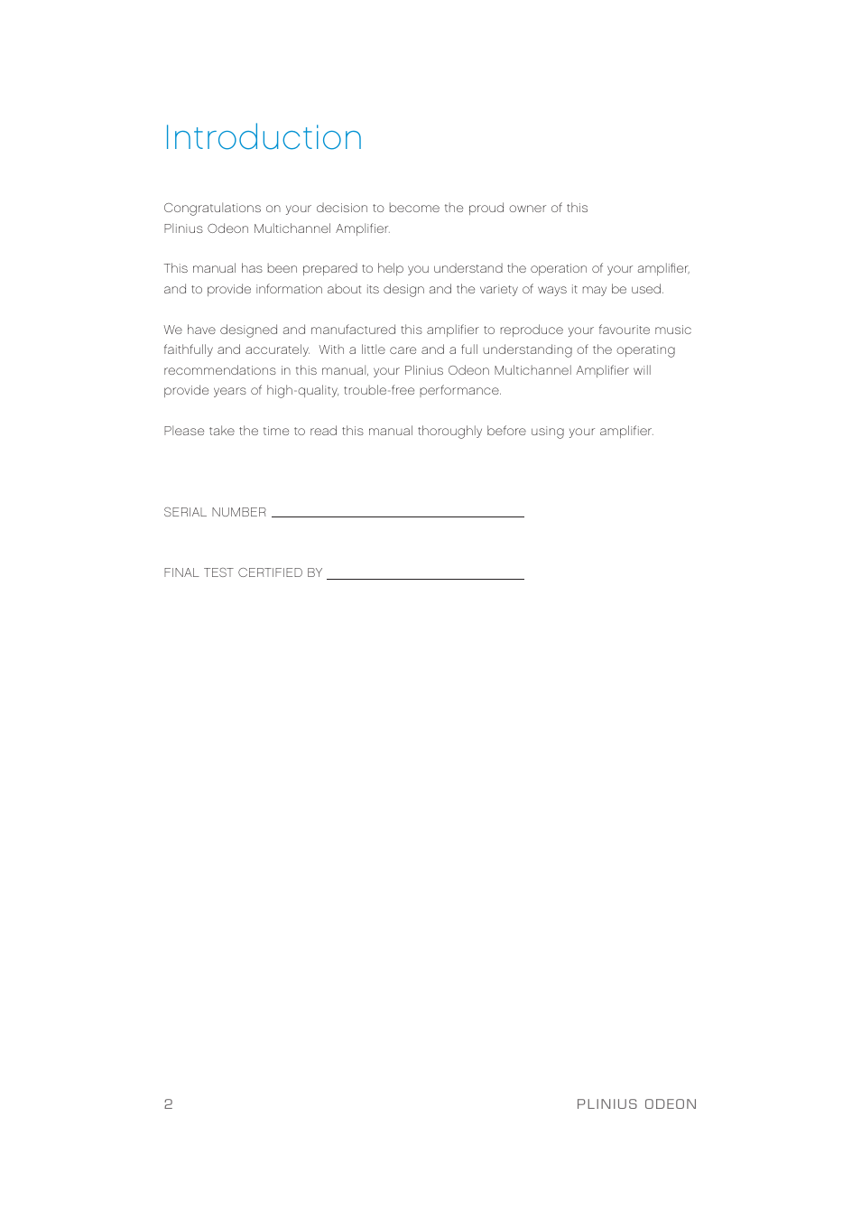 Introduction | Plinius Audio Odeon Power Amplifier User Manual | Page 4 / 20