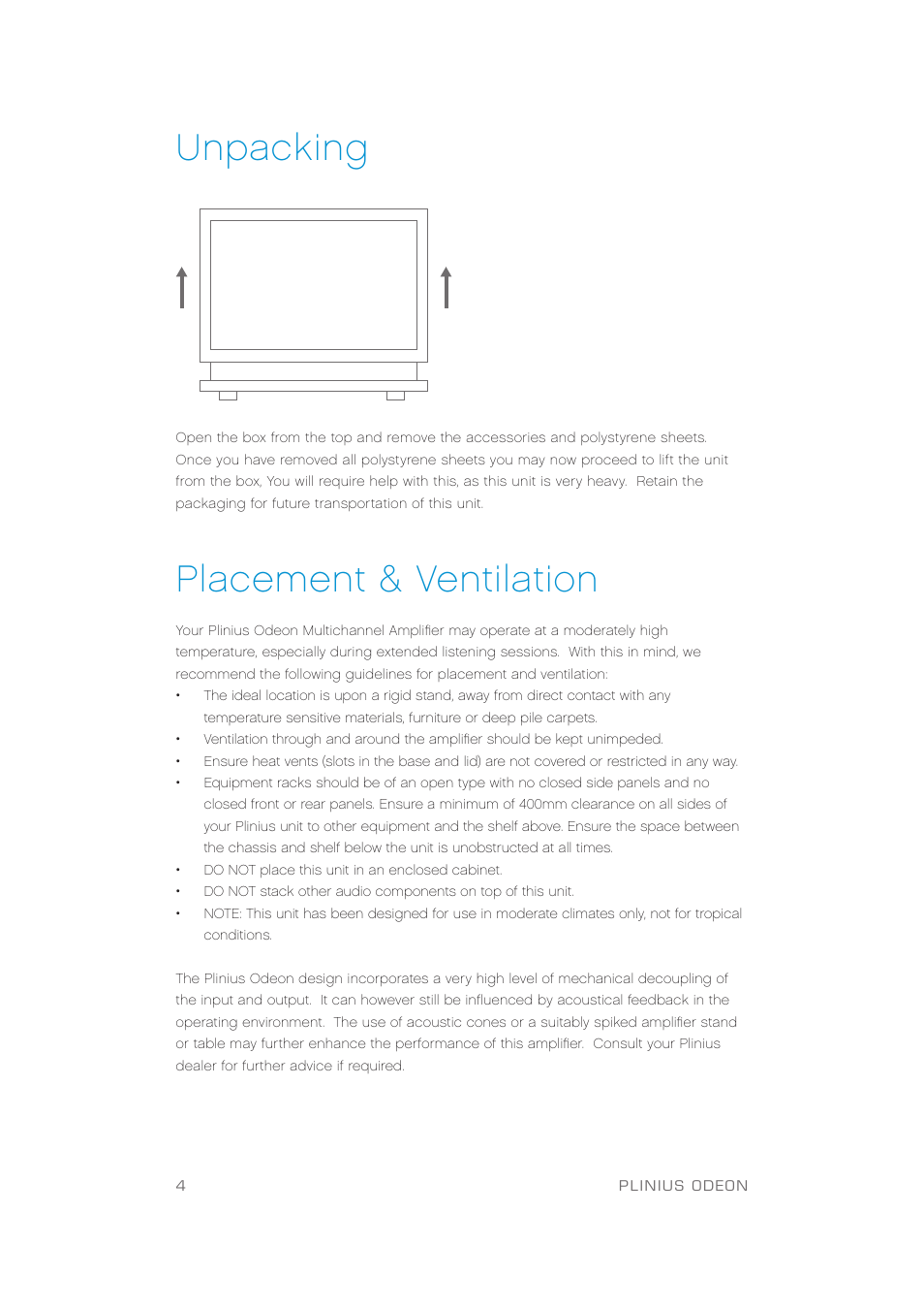 Unpacking, Placement & ventilation | Plinius Audio Odeon Power Amplifier User Manual | Page 6 / 20