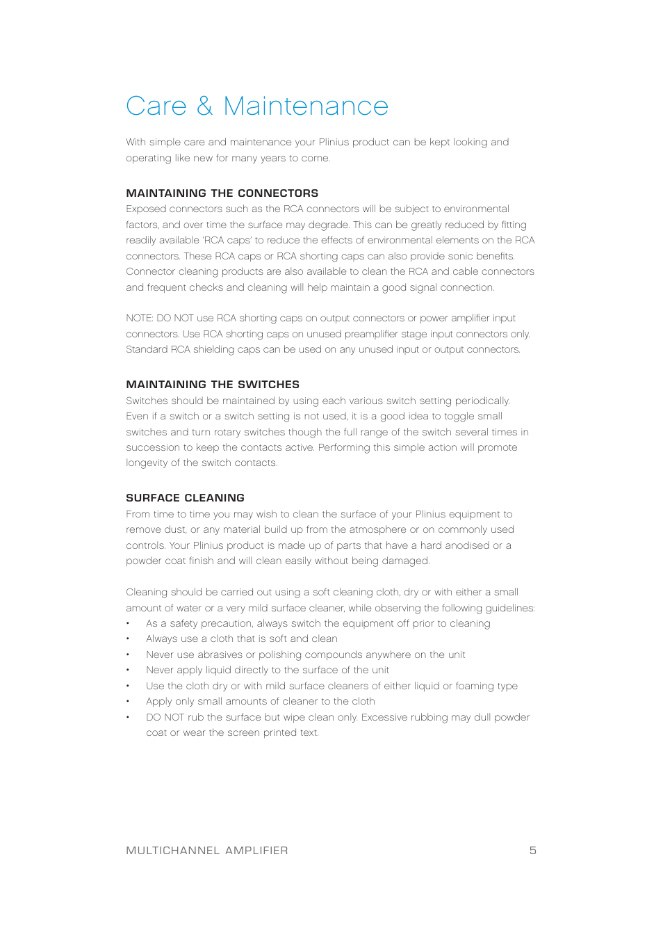 Care & maintenance | Plinius Audio Odeon Power Amplifier User Manual | Page 7 / 20