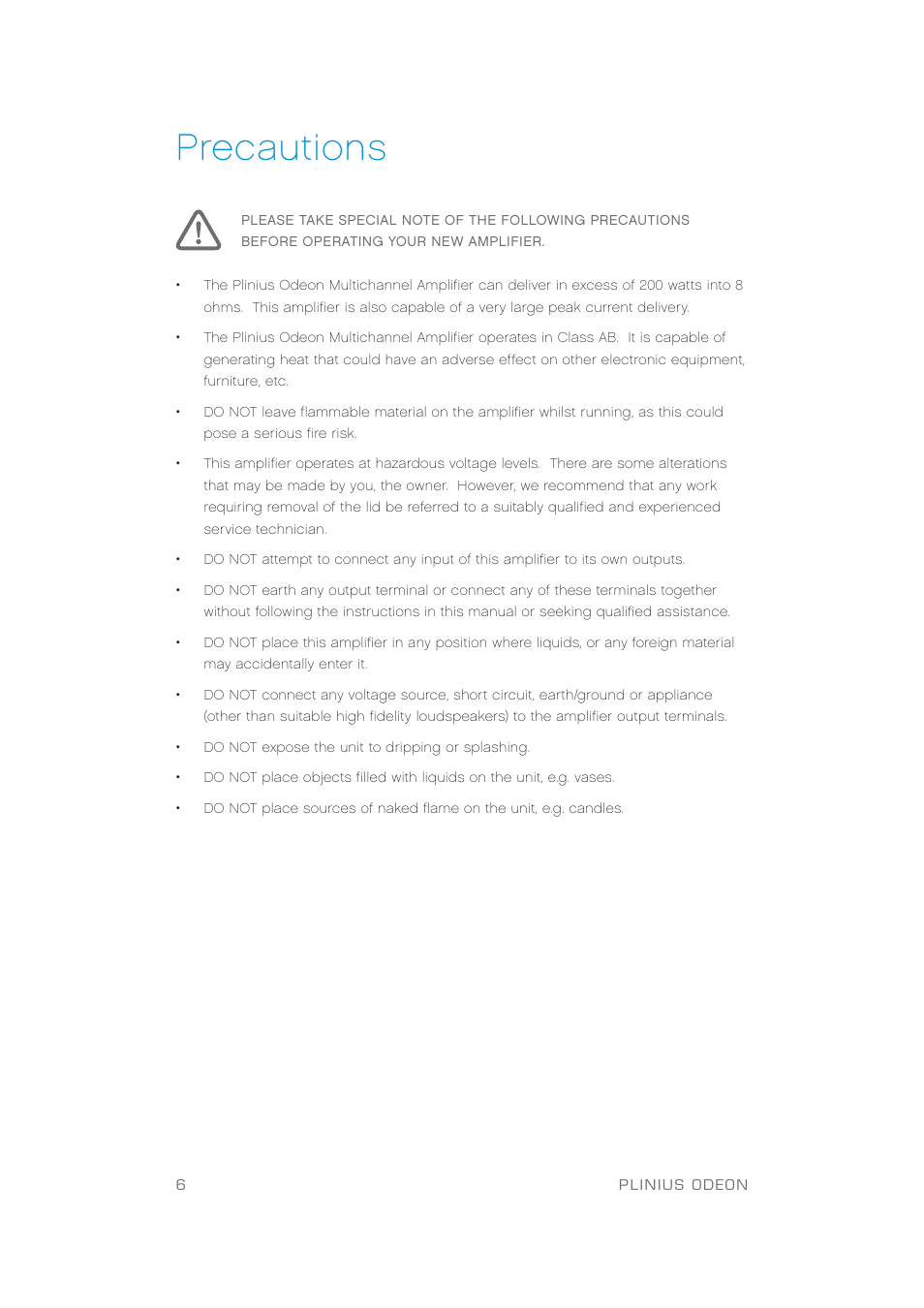 Precautions | Plinius Audio Odeon Power Amplifier User Manual | Page 8 / 20