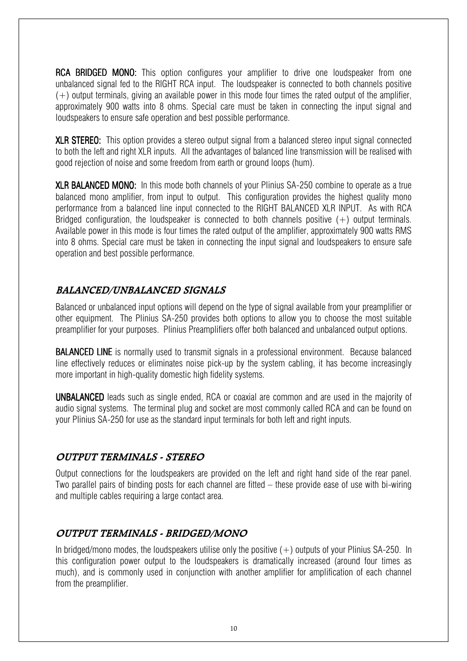 Balanced/unbalanced signals, Output terminals - stereo, Output terminals - bridged/mono | Plinius Audio SA-250 User Manual | Page 10 / 23