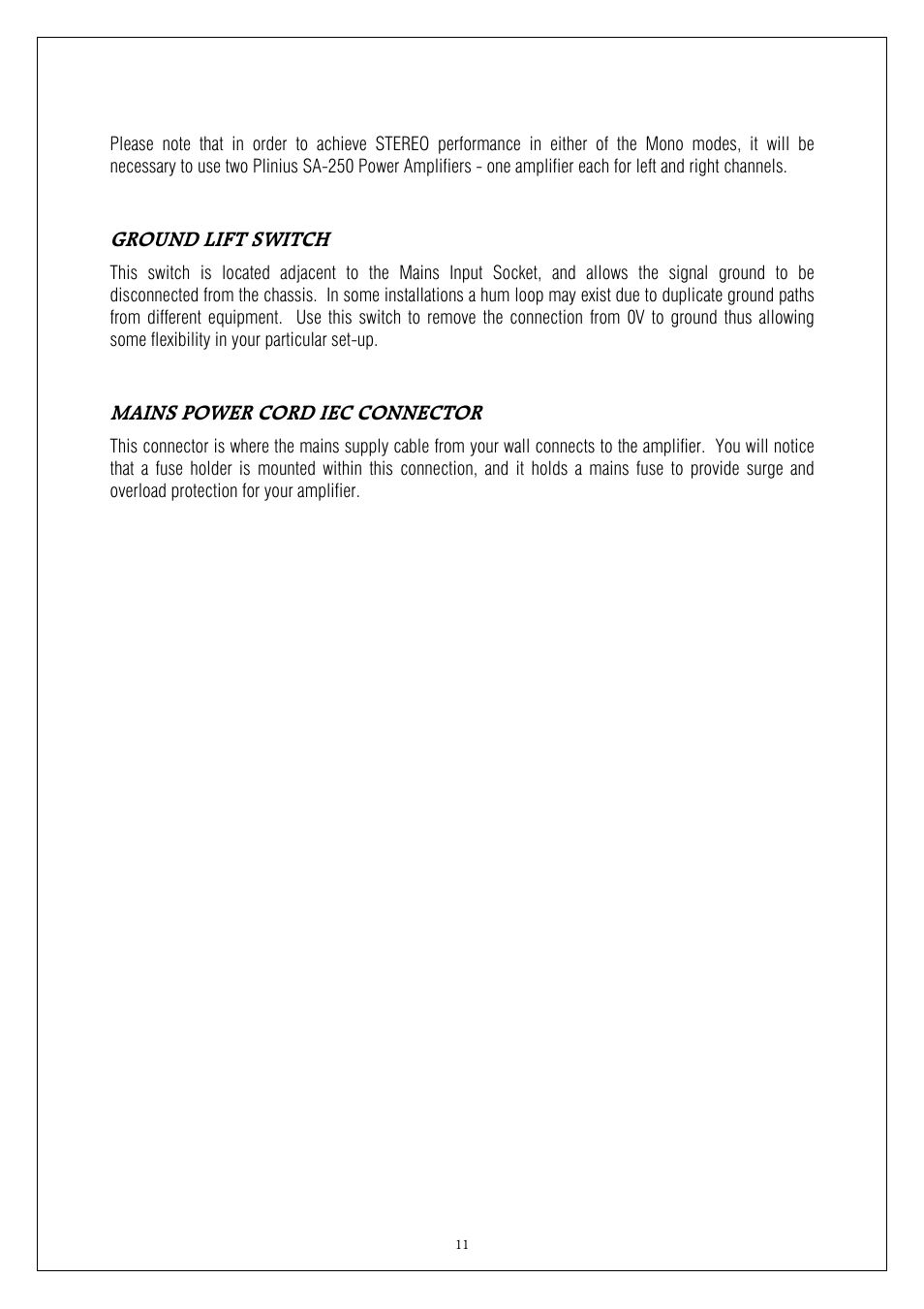 Ground lift switch, Mains power cord iec connector | Plinius Audio SA-250 User Manual | Page 11 / 23